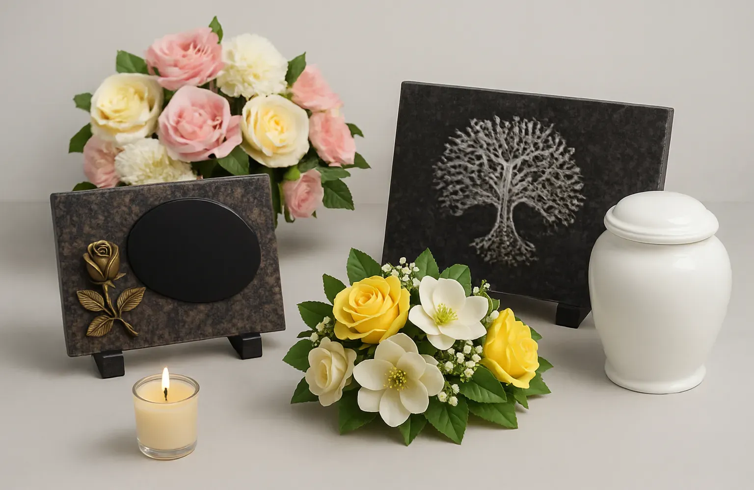 Présentation articles funéraires plaques granit urne blanche bougie fleurs.