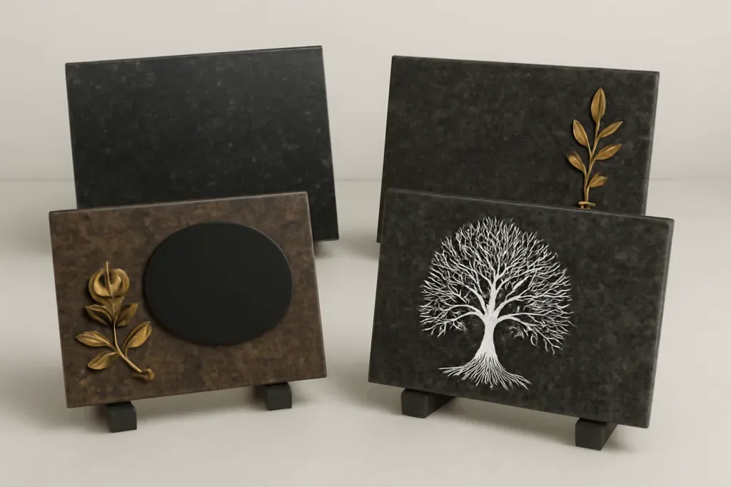 Quatre plaques funéraires personnalisées en granit et bronze.