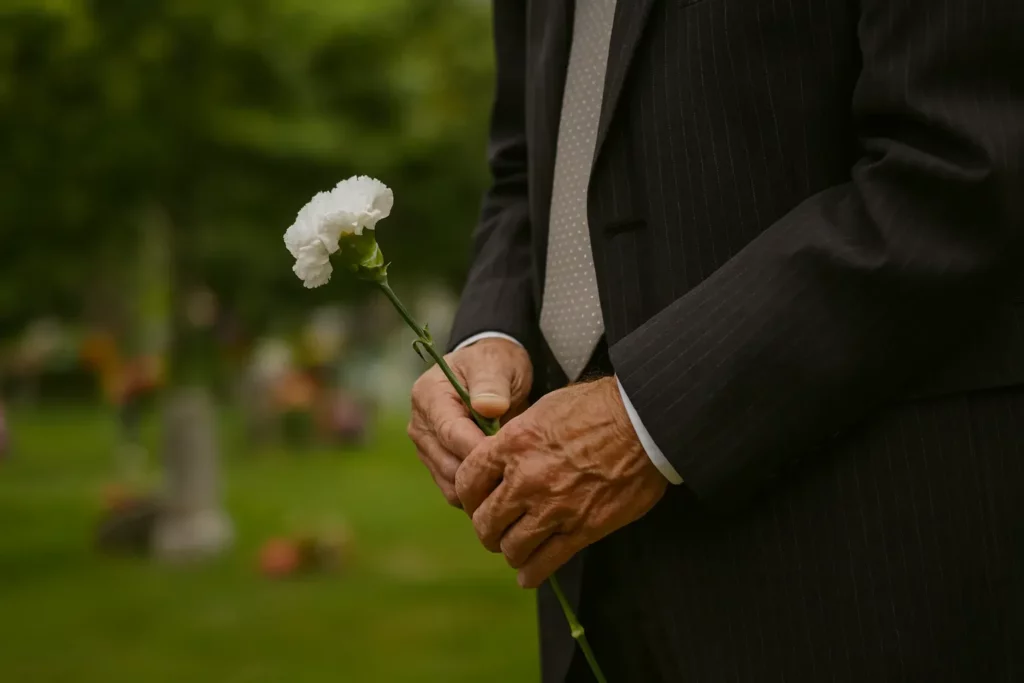 Homme en costume tenant un œillet blanc lors de funérailles au cimetière.
